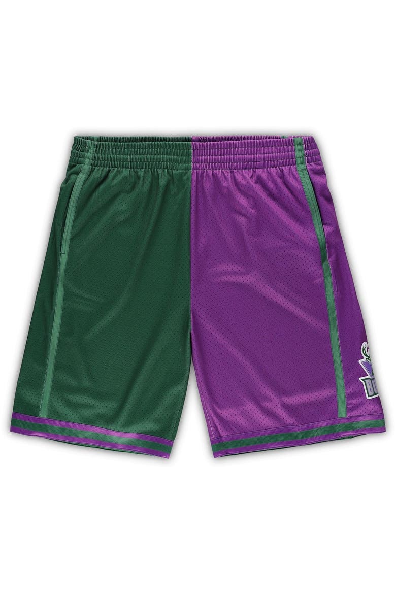Men's Mitchell & Ness Green/Purple Milwaukee Bucks Big & Tall Hardwood Classics Split Swingman Shorts, Main, color, Green