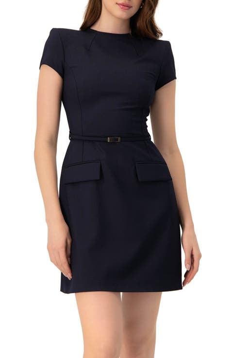 Short Dress with Belt And Faux Pockets
