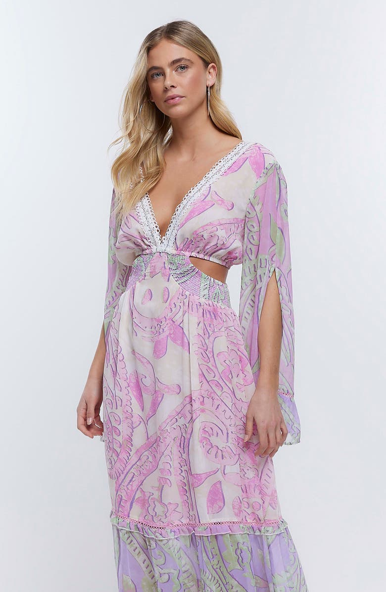 River Island Cutout Long Sleeve Cover-Up Dress, Alternate, color,