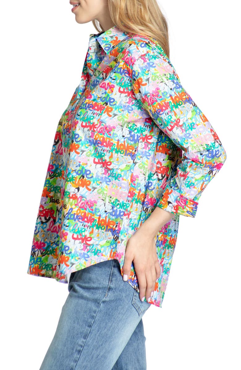 APNY Oversize Feather Print Button-Up Shirt, Alternate, color, White/Pink Multi