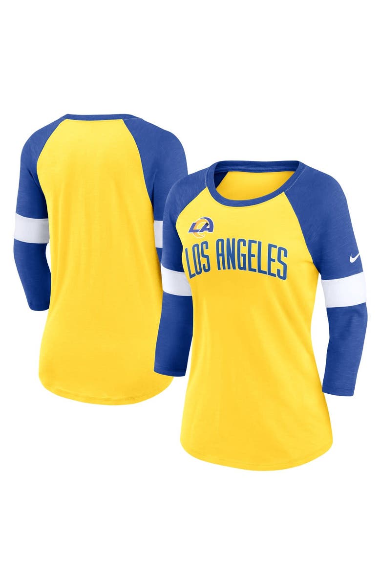 Nike Women's Nike Los Angeles Rams Heather Gold/Heather Royal Football Pride Raglan 3/4-Sleeve T-Shirt, Main, color, 