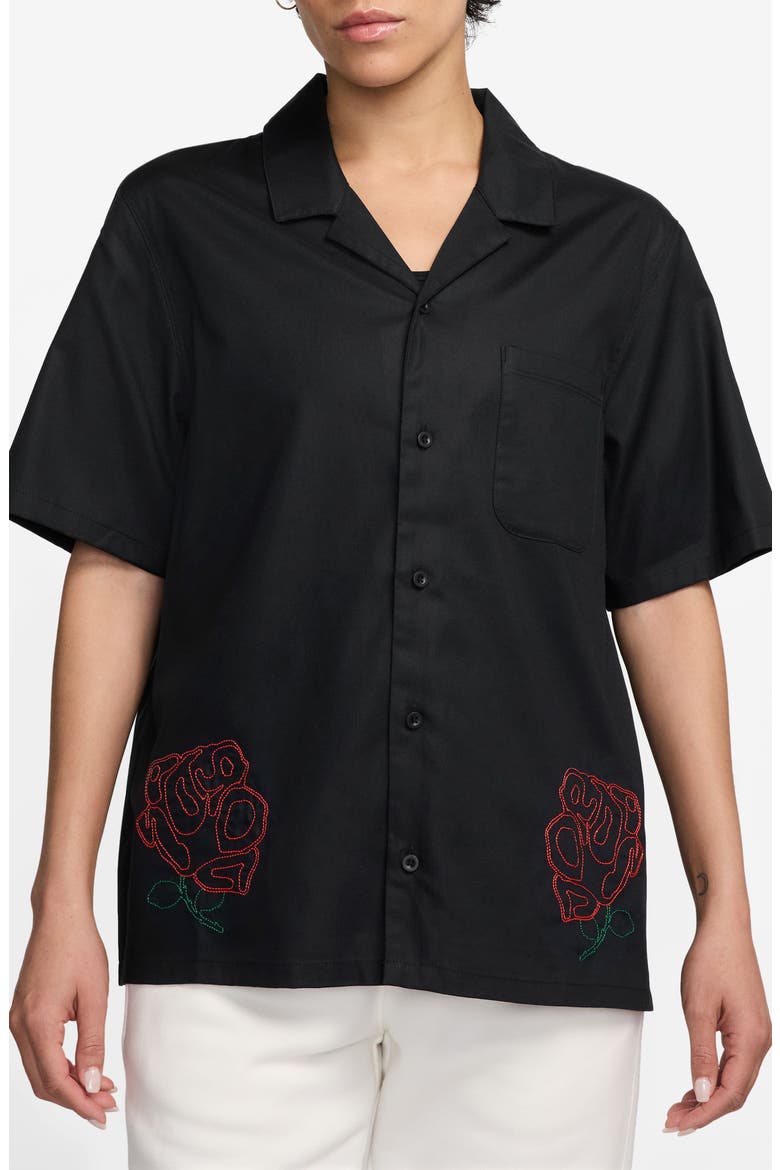 Rose Embroidered Cotton Camp Shirt, Main, color, BLACK