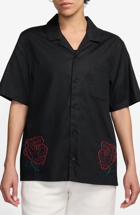 Rose Embroidered Cotton Camp Shirt
