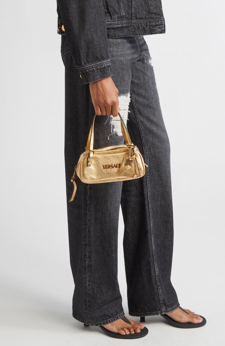 Versace Mini Tag Bowling Metallic Leather Shoulder Bag, Alternate, color,