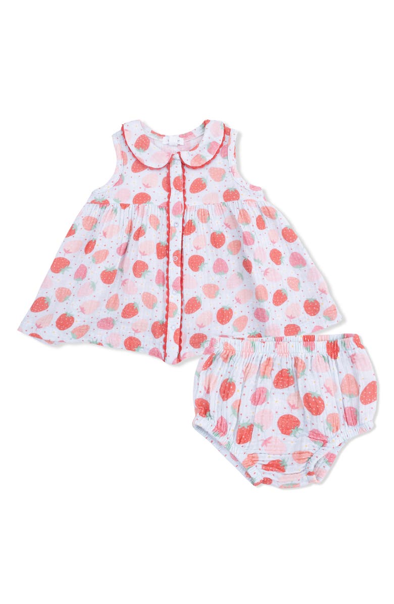 Angel Dear Strawberry Bliss Organic Cotton Muslin Sundress & Bloomers Set, Main, color, Blue Red