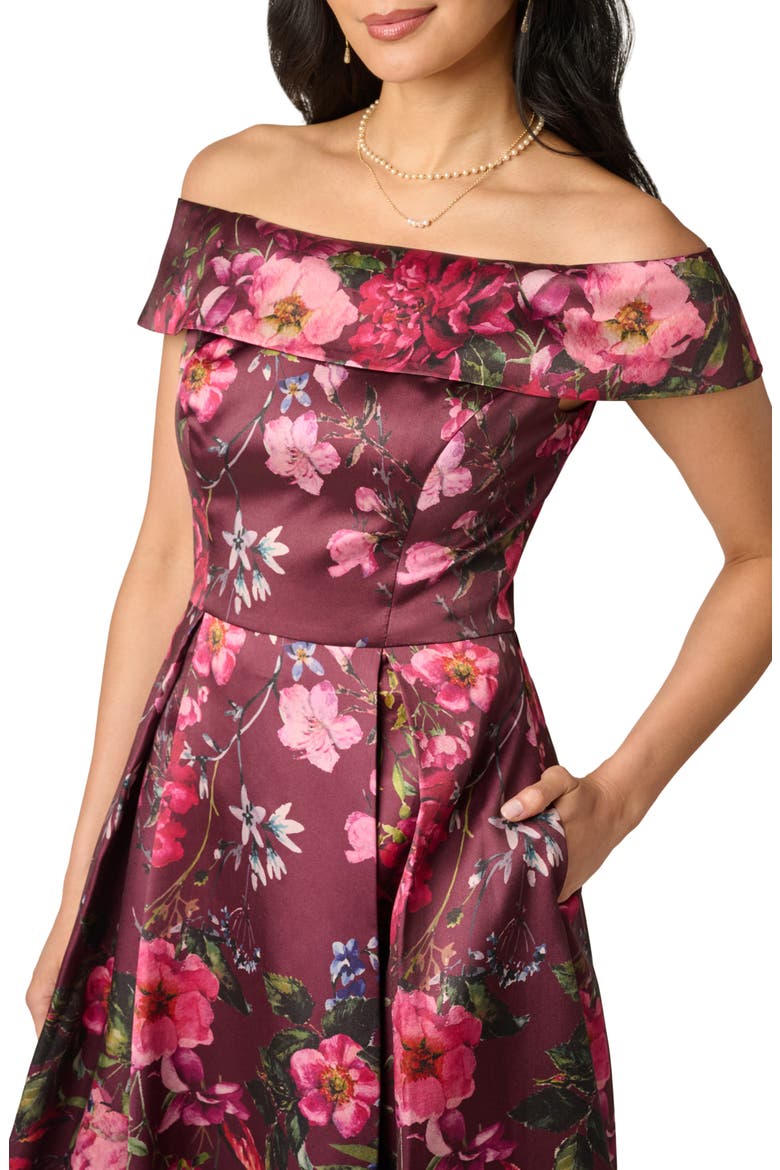 Off Shoulder Garden Floral Mikado Ballgown, Alternate, color, BURGUNDY MULTI