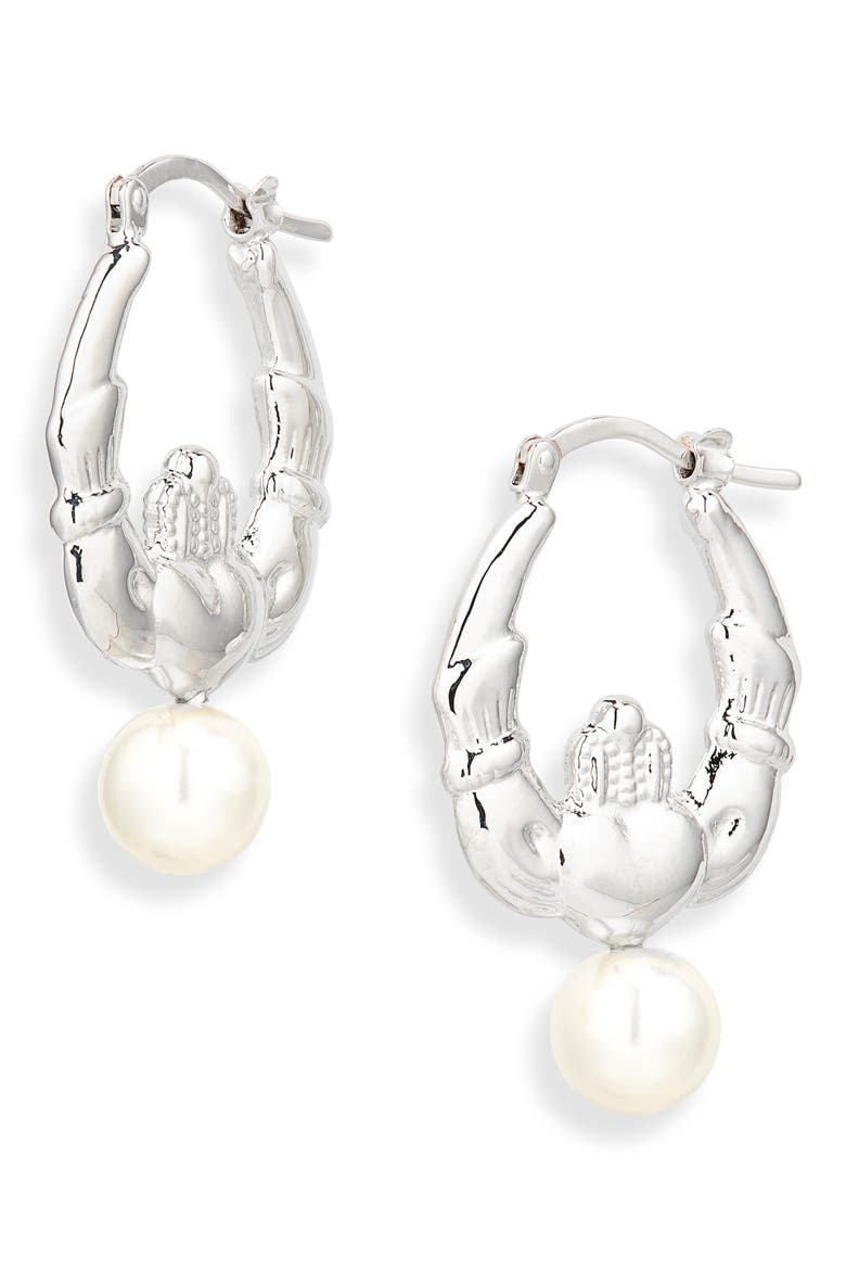 Faux Pearl Claddagh Hoop Earrings, Main, color, RHODIUM/ PEARL