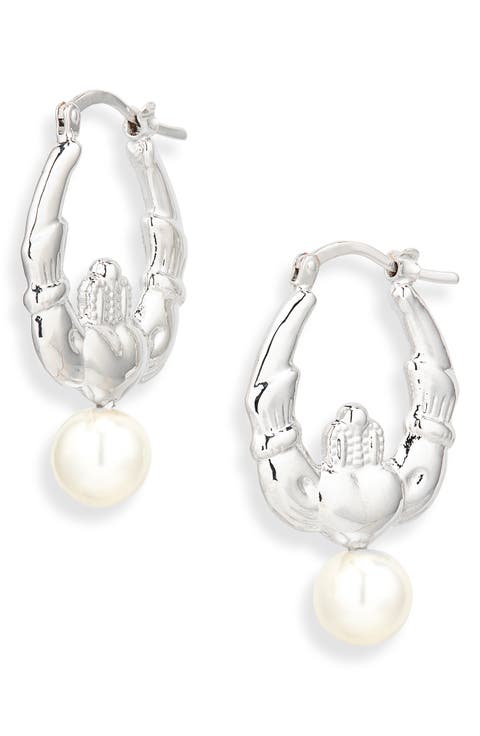Faux Pearl Claddagh Hoop Earrings