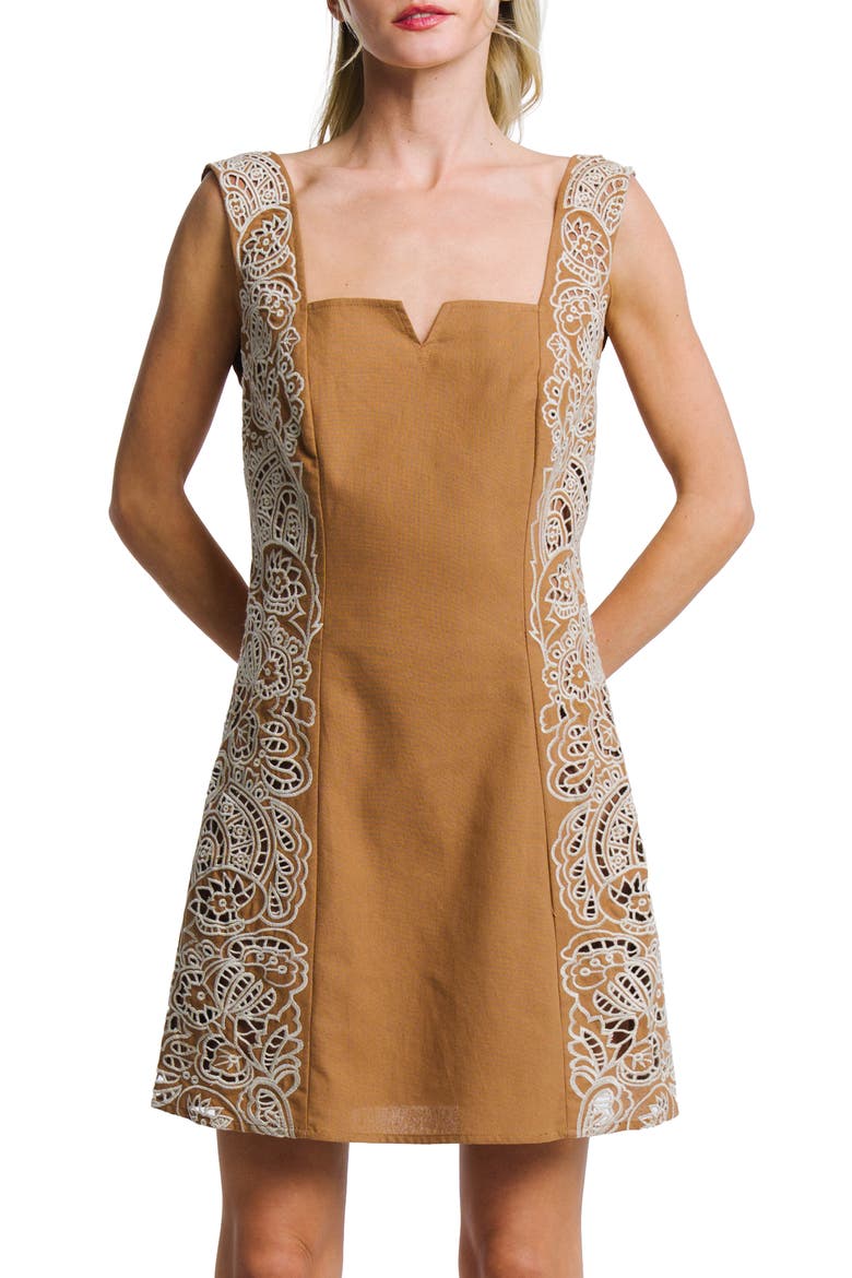 Eviana Embroidered Detail Cotton Minidress, Alternate, color, BROWN/ CREAM