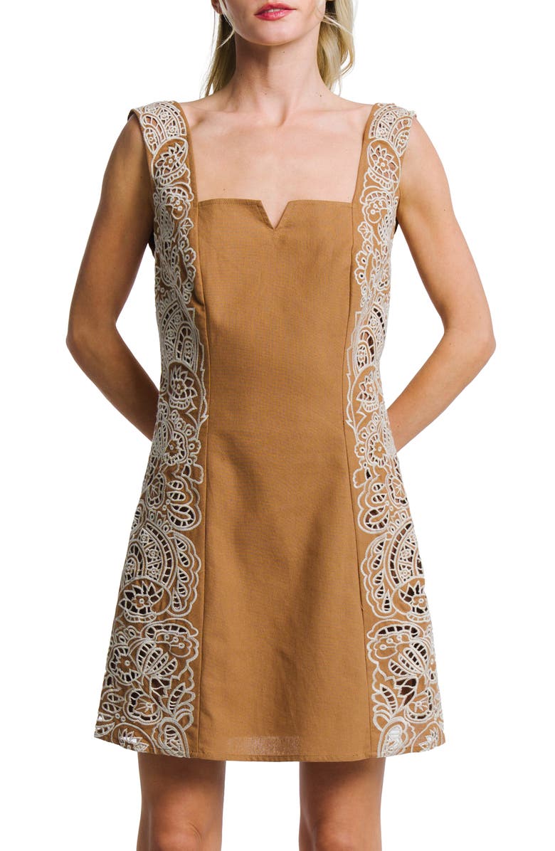 CIEBON Eviana Embroidered Detail Cotton Minidress, Alternate, color, Brown/ Cream