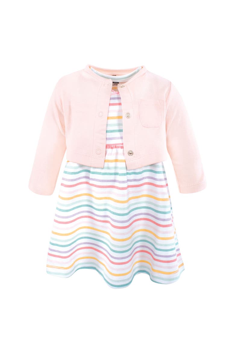 Two-Piece Cotton Dress and Knit Cardigan Set, Main, color, Happy Stripe