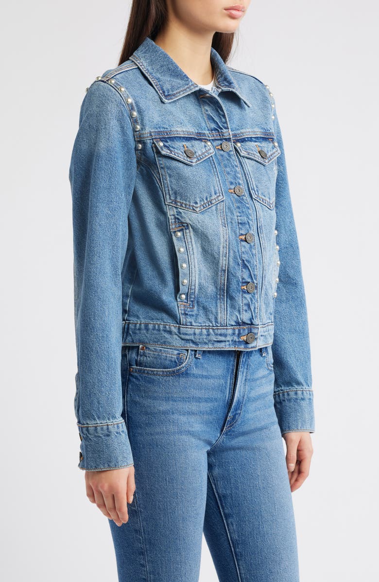 HIDDEN JEANS Faux Pearl Detail Denim Trucker Jacket, Alternate, color, Medium