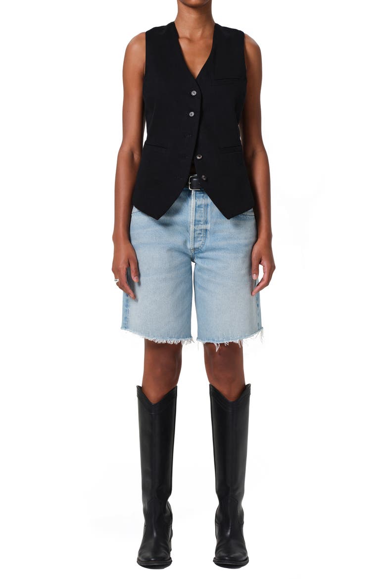 Ayla Distressed High Waist Cutoff Denim Bermuda Shorts, Alternate, color, BIANCA