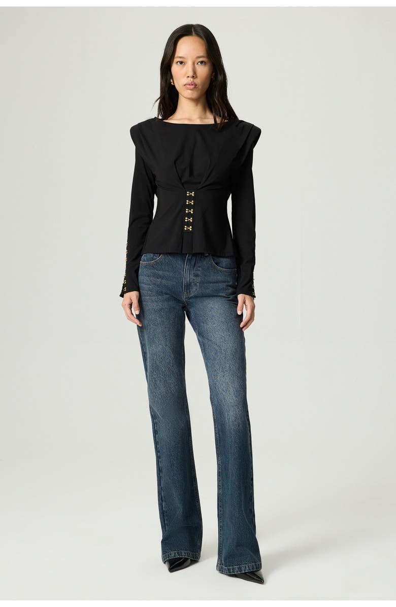 Nocturne Hook-Detail Pleated Knit Blouse, Alternate, color, Black