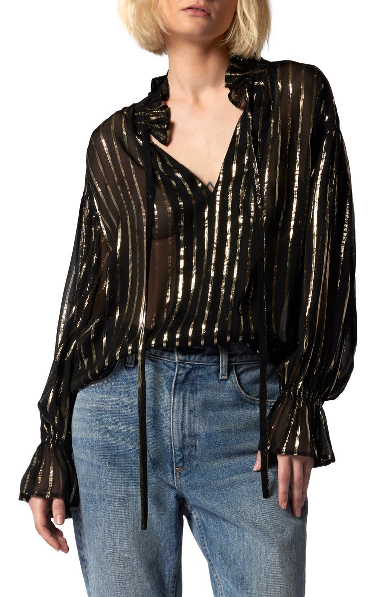 Equipment Farah Stripe Metallic Cutout Blouse, Main, color, True Black And Gold Metallic
