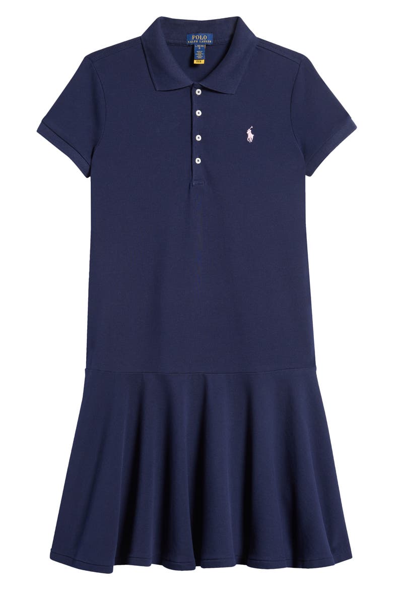 Kids' Stretch Cotton Mesh Polo Dress, Main, color, RFND NAVY
