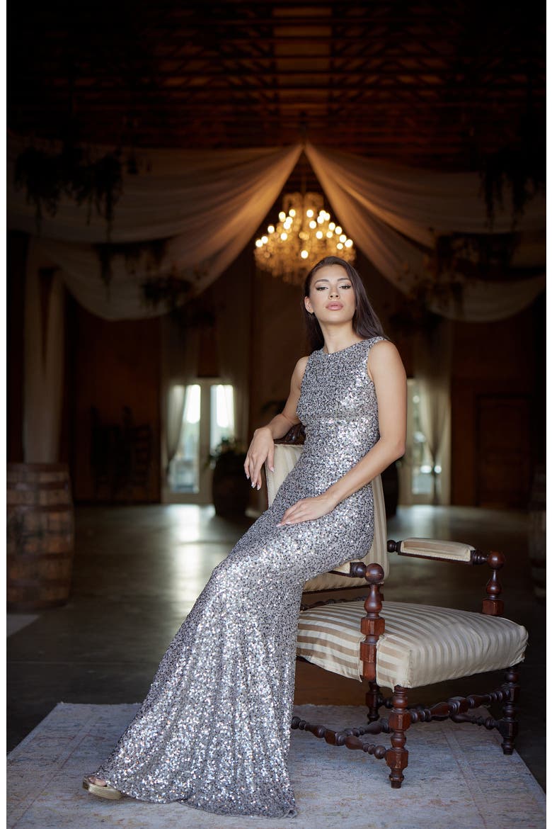 Leighton Sequin Mermaid Gown, Alternate, color, DOVE MULTI