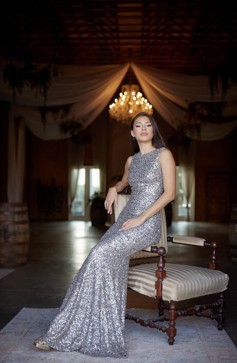 Dress the Population Leighton Sequin Mermaid Gown, Alternate, color, Dove Multi