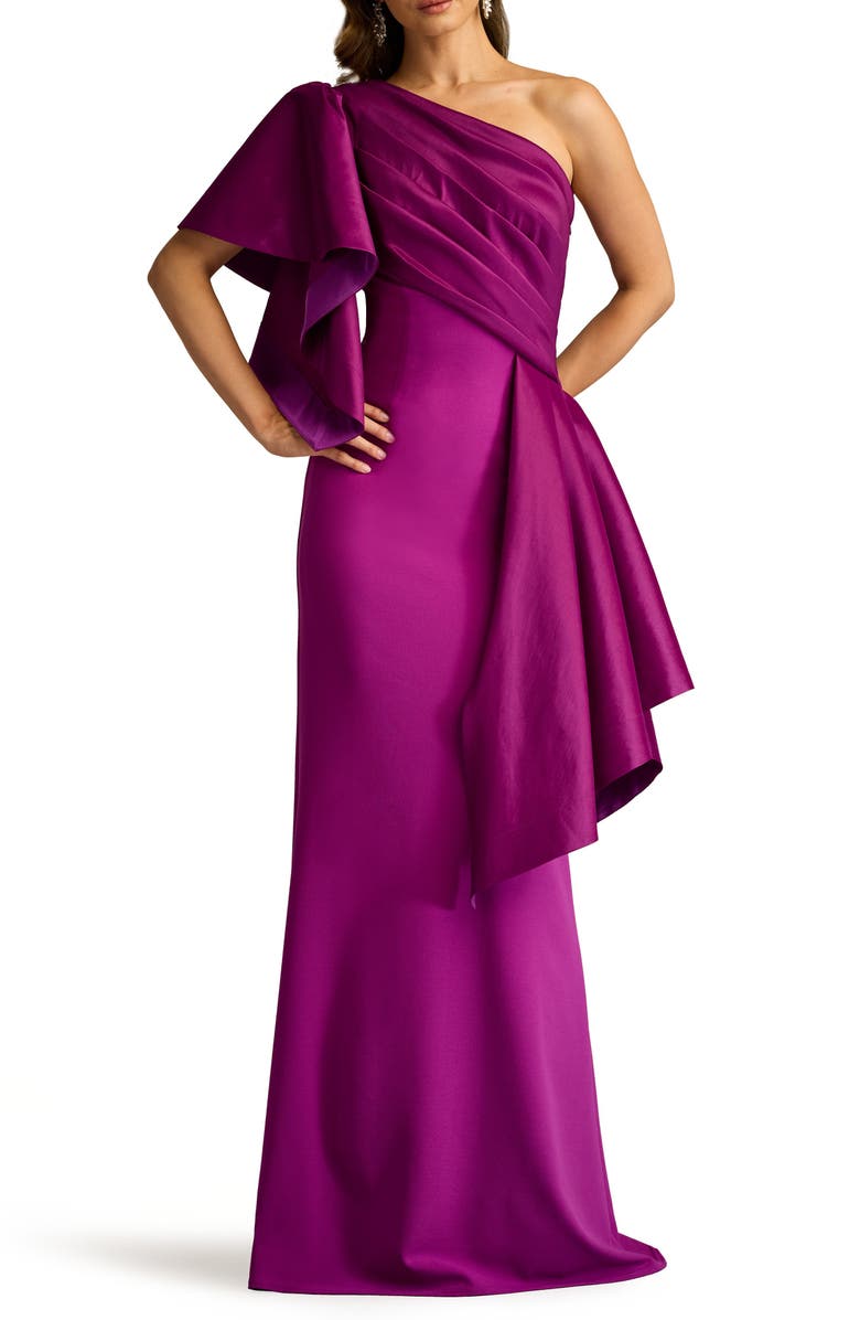 Tadashi Shoji Draped One-Shoulder Mixed Media Gown, Alternate, color, Magenta