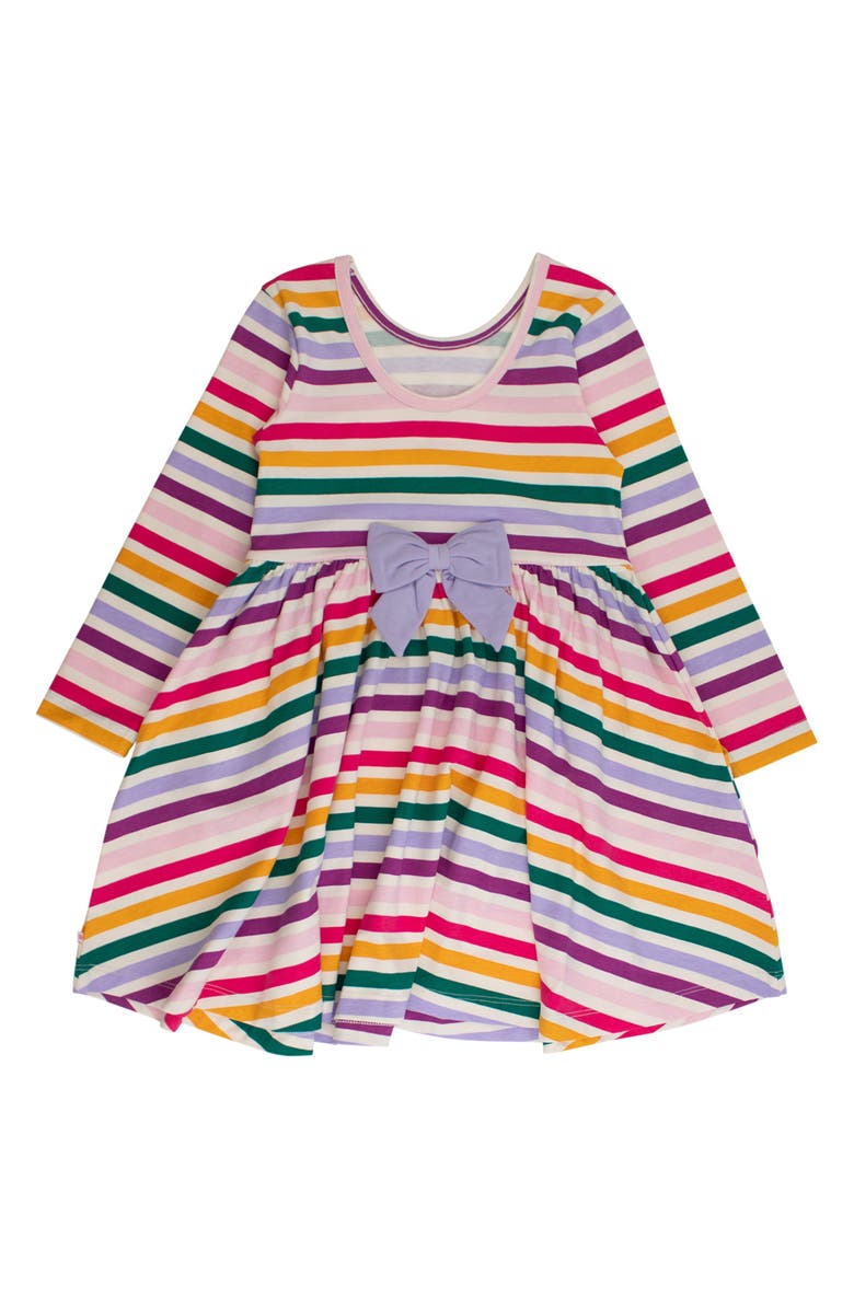 RuffleButts Colorful Rainbow Stripe Long Sleeve Skater Dress, Main, color, White