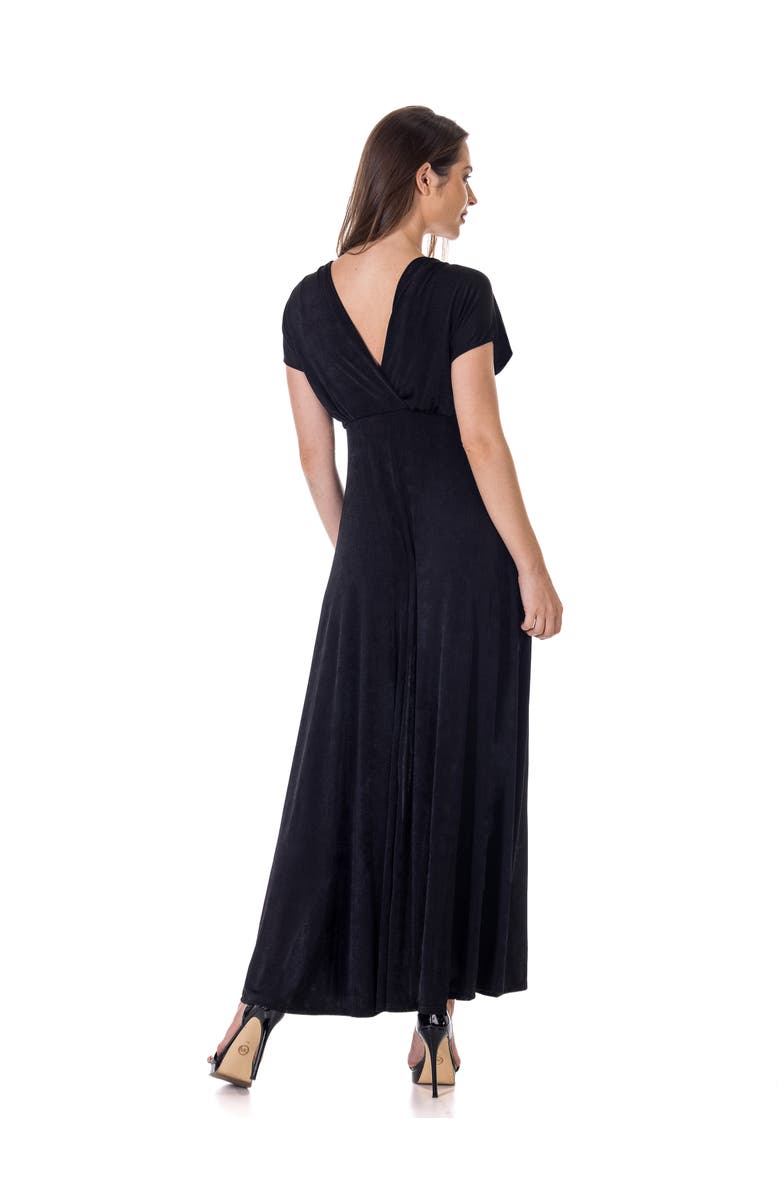 24seven Comfort Apparel Womens Flutter Sleeve Metallic Knit Maxi Dress Front Slit Empire Waist, Alternate, color, Black