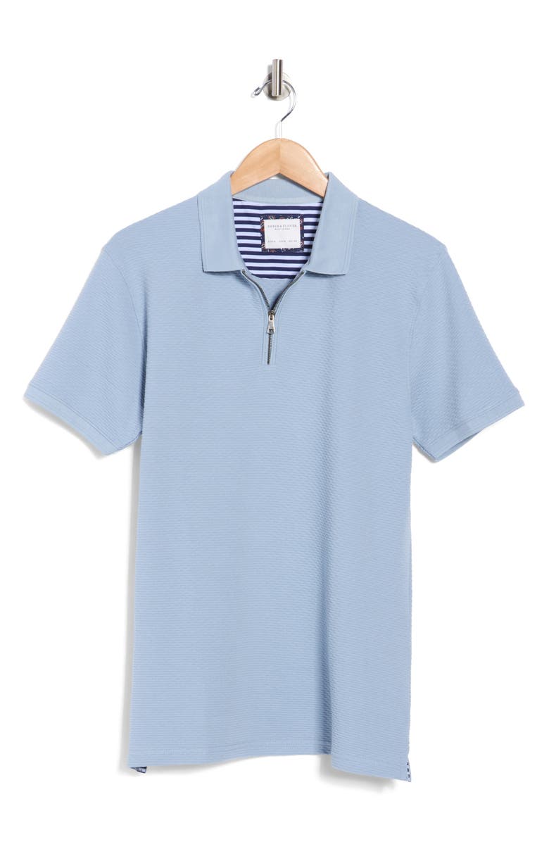 DENIM AND FLOWER Textured Cotton Blend Quarter Zip Polo, Main, color, Light Blue