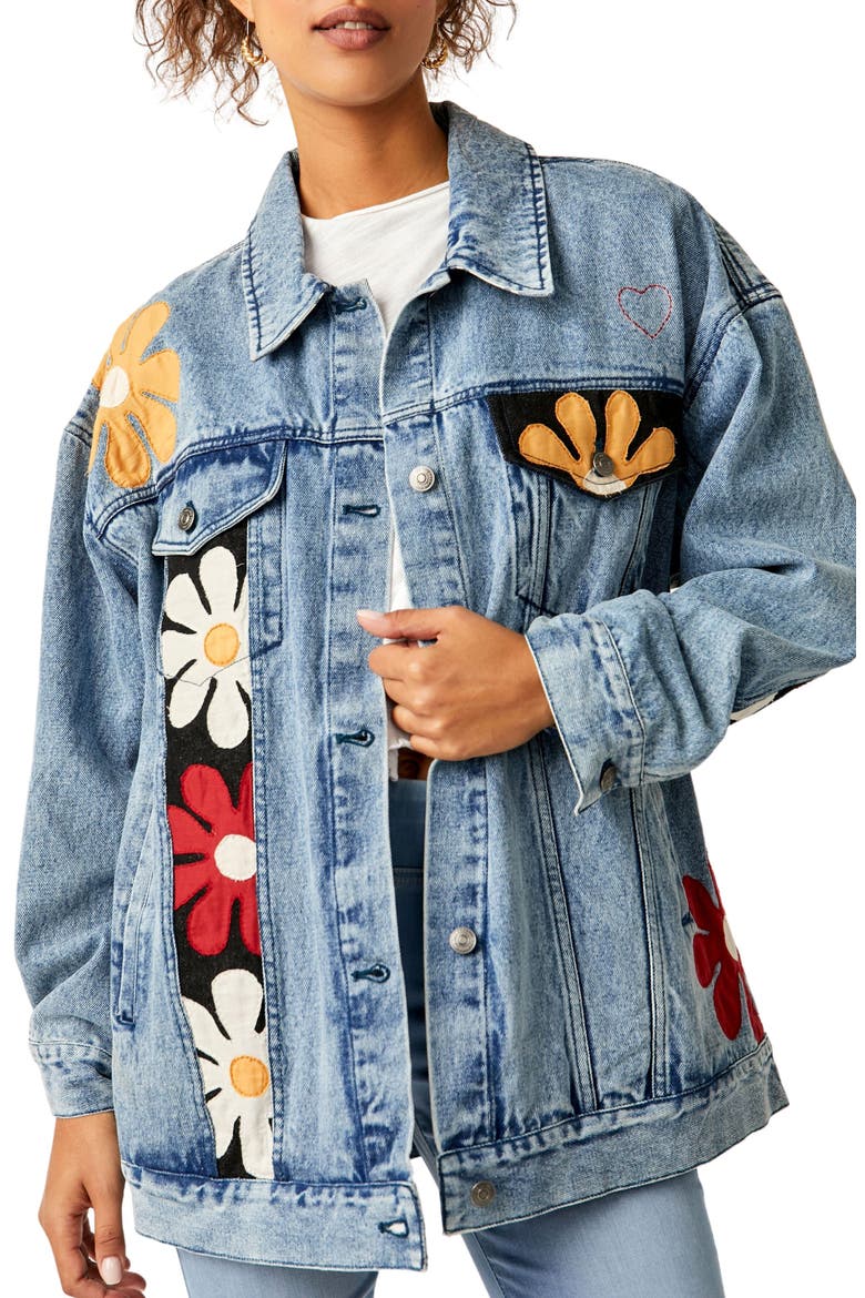 Annie's Flower Bomb Oversize Patchwork Denim Jacket, Main, color, DENIM MEDIUM BLUE