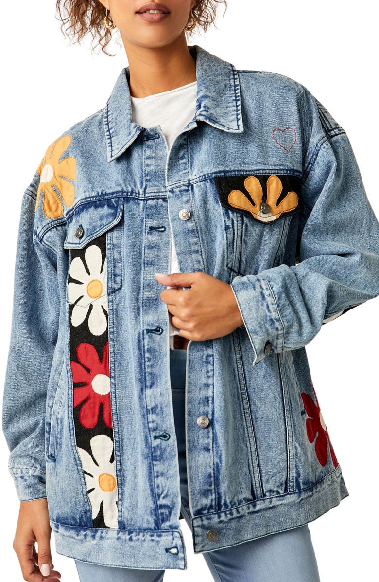Free People Annie's Flower Bomb Oversize Patchwork Denim Jacket, Main, color,