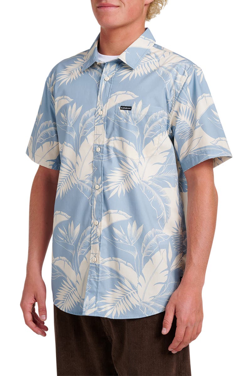 Quiksilver Kahnu Classic Fit Leaf Print Short Sleeve Button-Up Shirt, Alternate, color, Ashley Blue