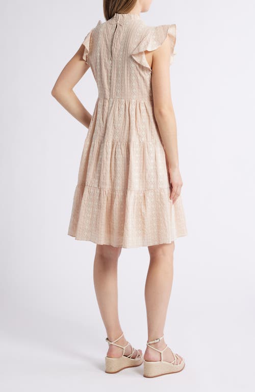 Julia Jordan Embroidered Ruffle Sleeve Cotton Dress In Beige Ivory