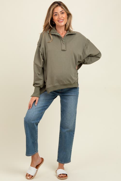 Pinkblush Snap Button Pullover Henley Sweatshirt In Green