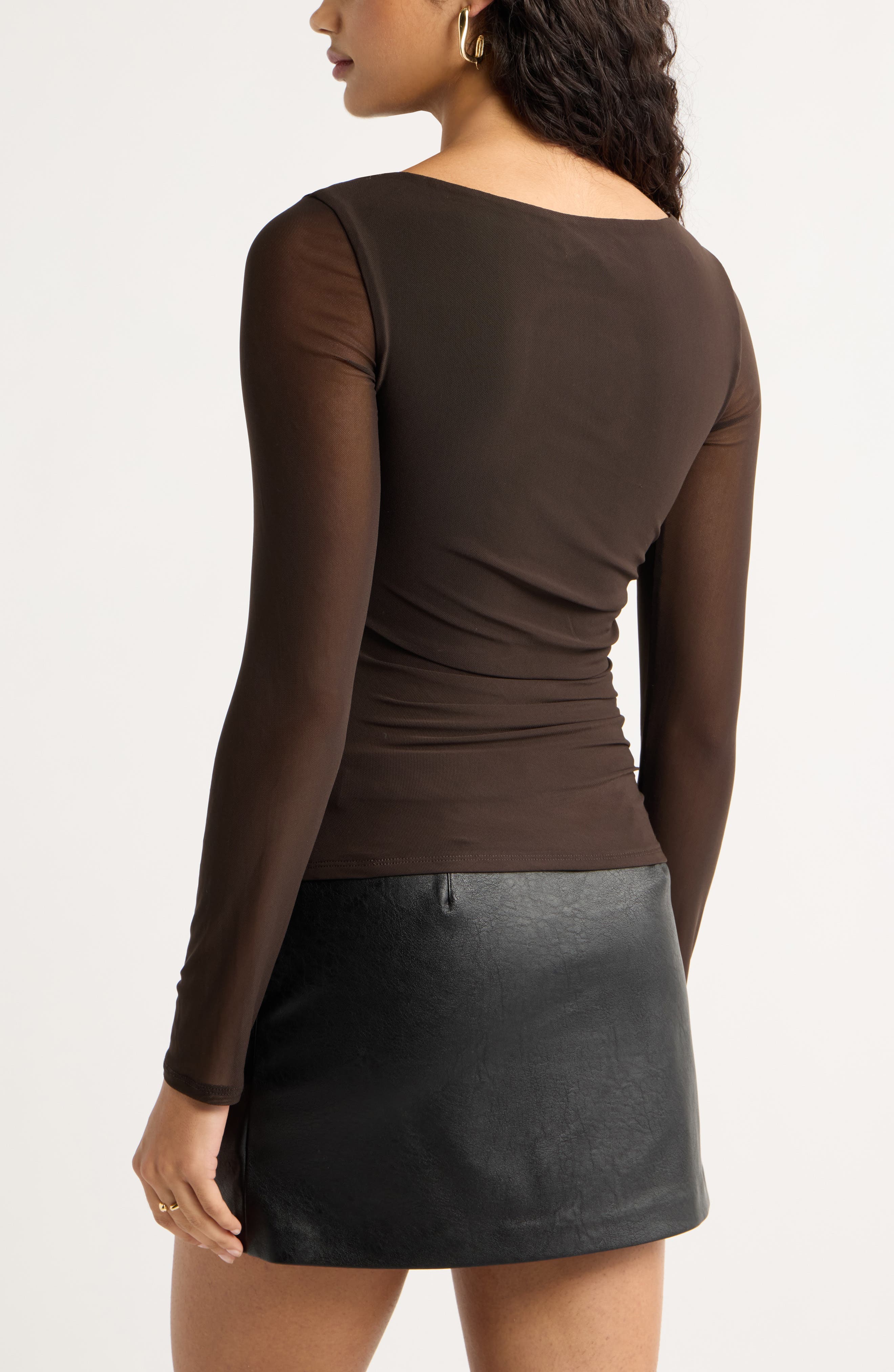 Open Edit Ruched Long Sleeve Mesh Top (Women) | Nordstrom