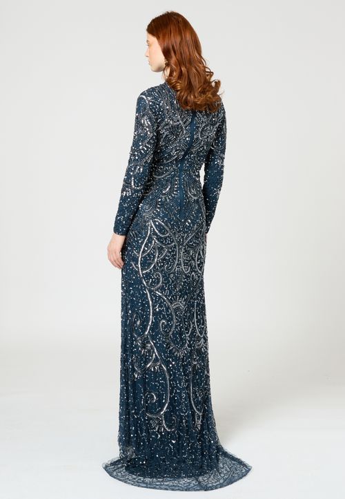 MARYISA MARYISA OCCASION MODEST EMBELLISHED SEQUIN BEADED HIGH NECK EVENING MAXI DRESS 