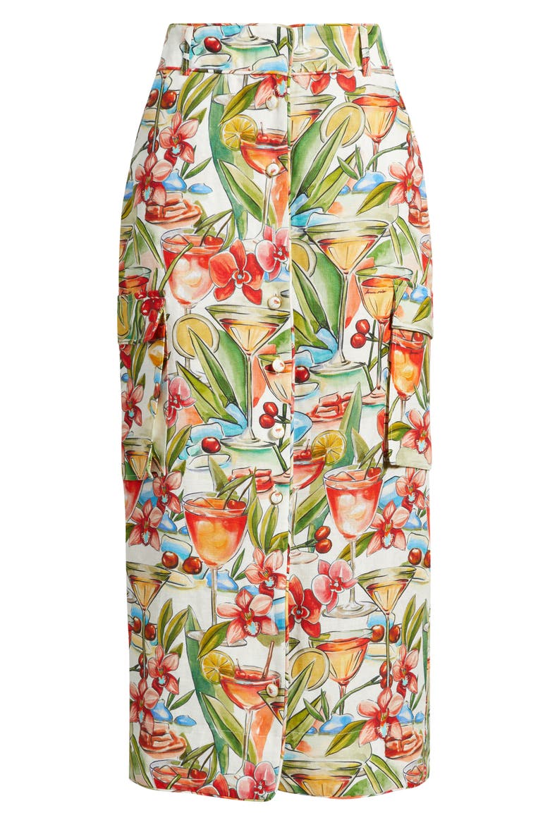 Cocktail Print Linen Midi Skirt, Alternate, color, OFF-WHITE