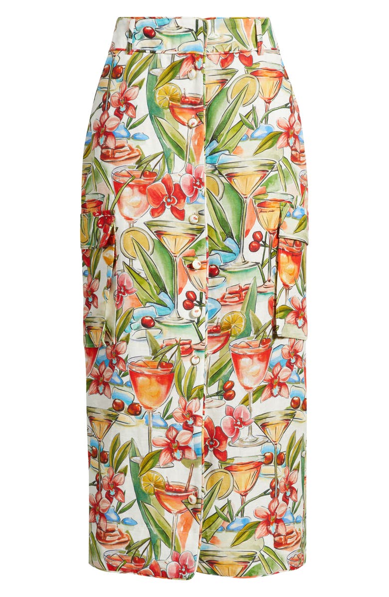 FARM Rio Cocktail Print Linen Midi Skirt, Alternate, color, Off-White