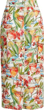 FARM Rio Cocktail Print Linen Midi Skirt
