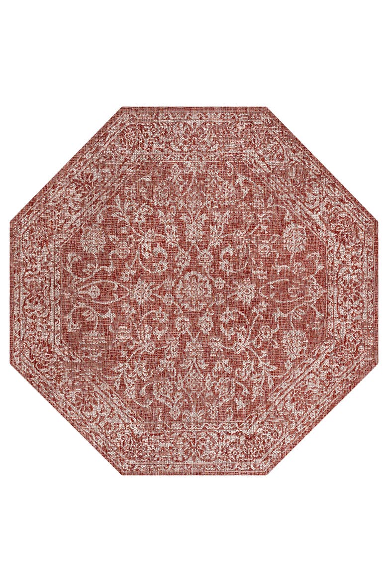 Tela Bohemian Textured Weave Floral Octagon Indoor/Outdoor Area Rug, Main, color, Red/Taupe