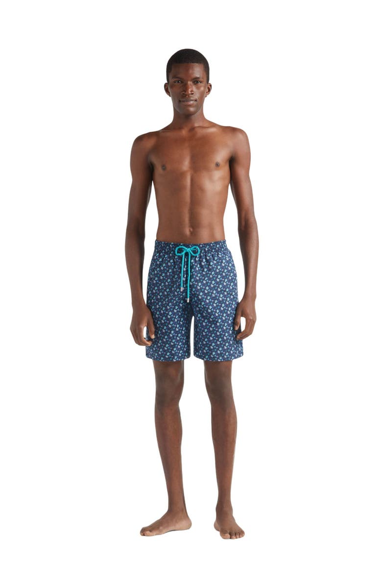 Vilebrequin Men's Micro Ronde Des Tortues Rainbow Longer Length Swim Shorts, Alternate, color, Peacock