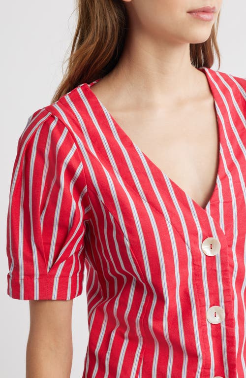 Damson Madder Womens Shell Stripe-print Cotton And Linen-blend Blouse In Red