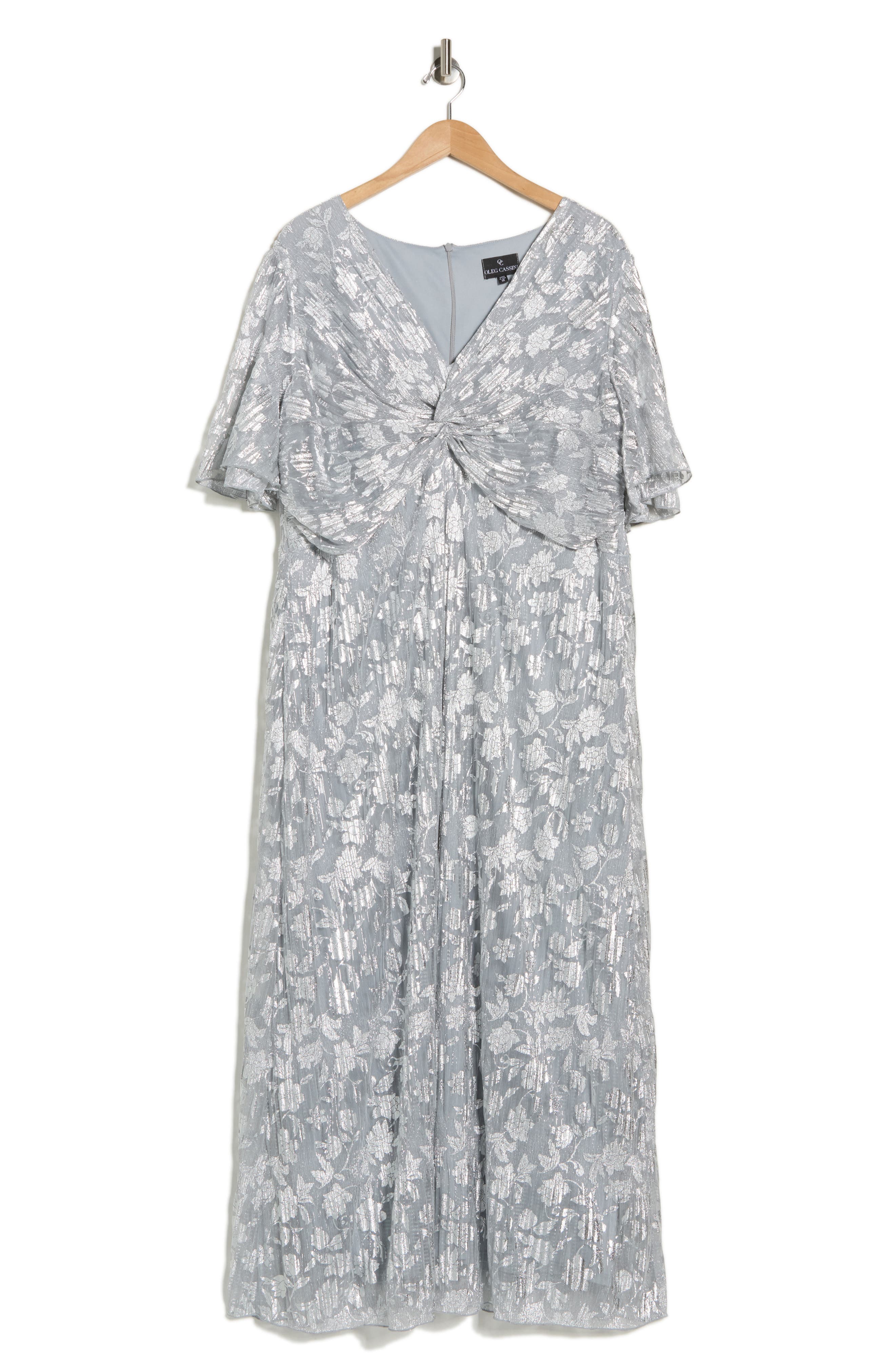 Oleg Cassini Pleated Foil Knot Gown