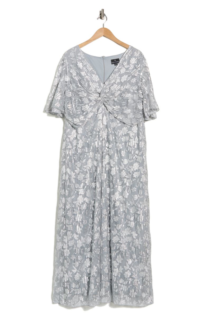 Oleg Cassini Pleated Foil Knot Gown, Main, color, Silver