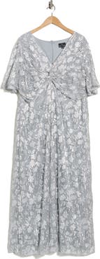 Oleg Cassini Pleated Foil Knot Gown