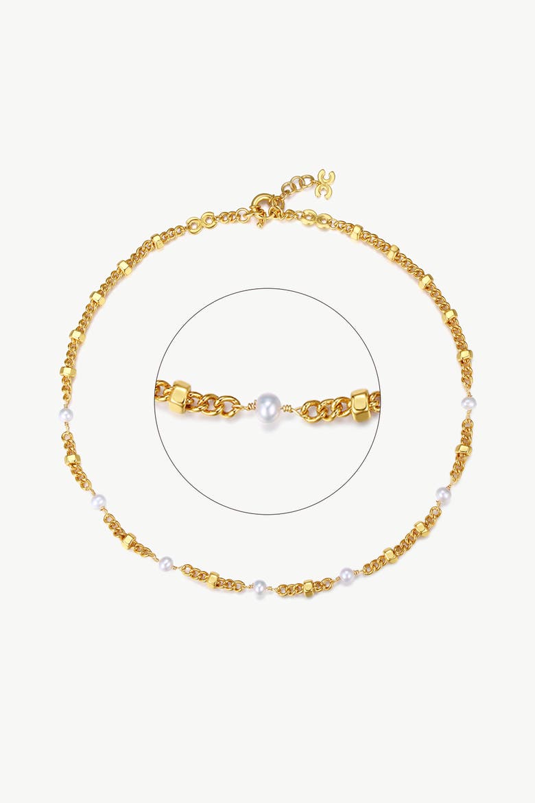 Hexagon Bead Necklace With Freshwater Pearls, Main, color, Gold