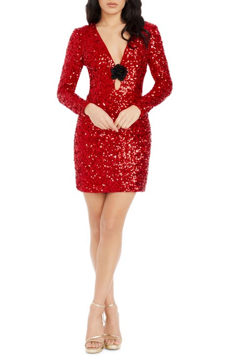 Tula Floral Appliqué Cutout Sequin Long Sleeve Dress