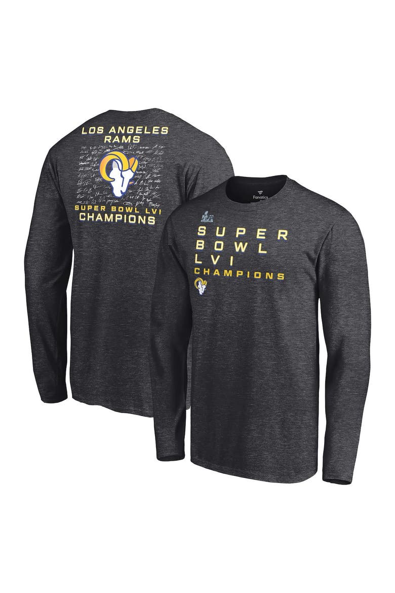 Men's Fanatics Branded Heathered Charcoal Los Angeles Rams Super Bowl LVI Champions Roster Signature Long Sleeve T-Shirt, Main, color, Heather Charcoal