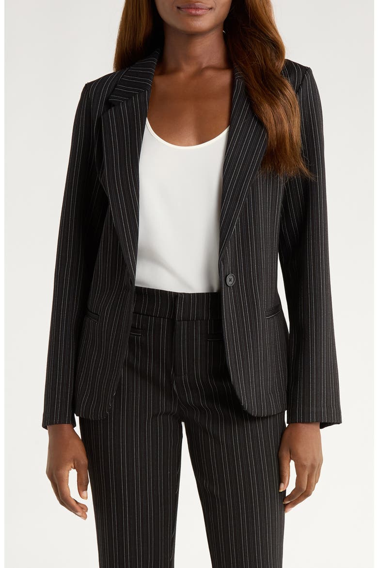 Stripe Fitted One-Button Blazer, Main, color, BLACK/ HINT OF NAVY STRIPE