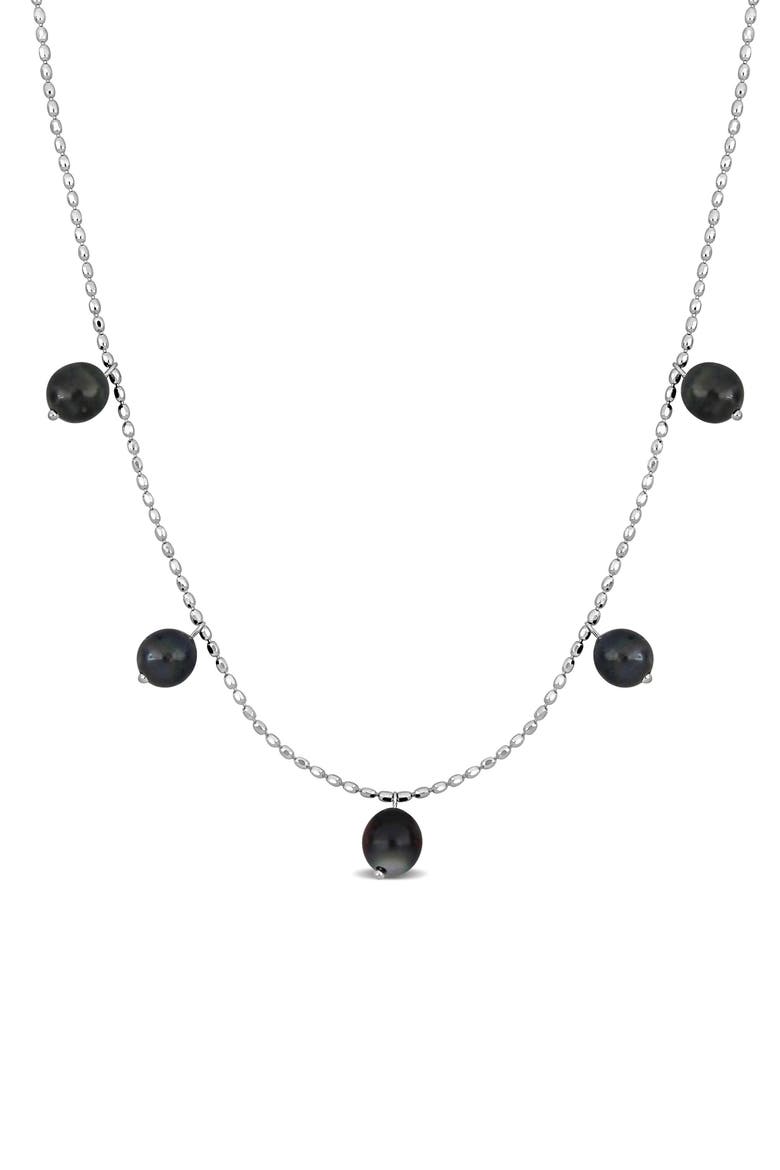 Sterling Silver Cultured Black Tahitian Pearl Charm Necklace, Main, color, BLACK