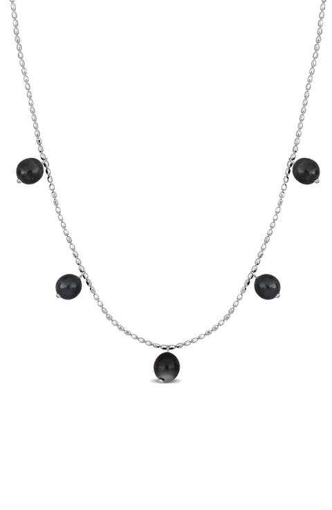 Sterling Silver Cultured Black Tahitian Pearl Charm Necklace