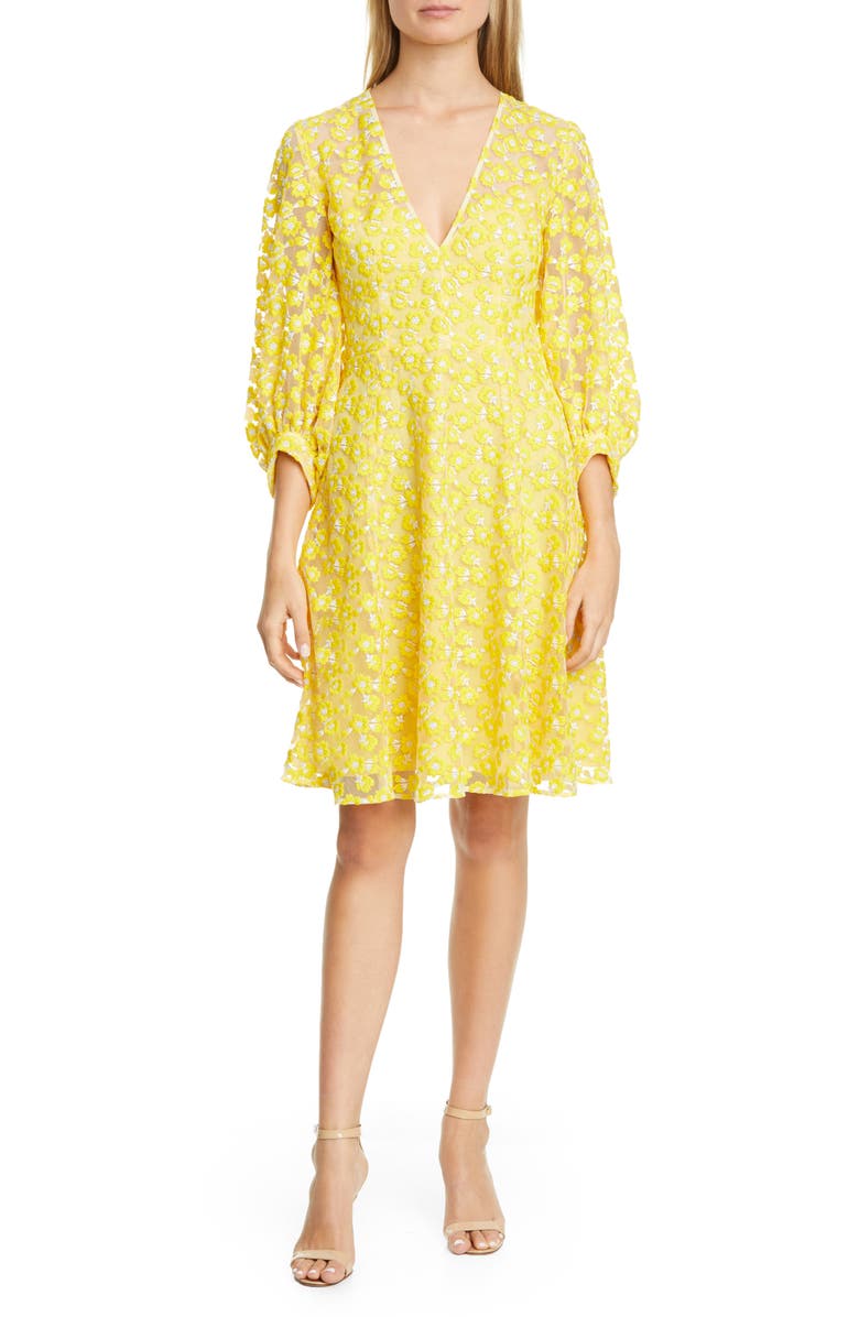 Lela Rose Embroidered Bishop Sleeve Mesh Dress, Main, color, 