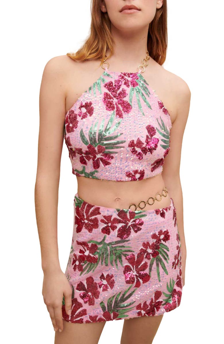 maje Joustik Seqin Floral Skirt, Alternate, color, Print Pink Hibiscus